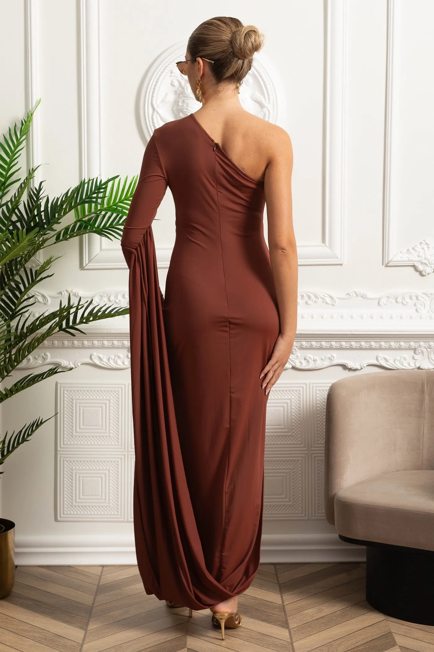 One-Shoulder Maxi Dress With Draped Side Panel - Brown sold by Sierra darien product image thumbnail 3