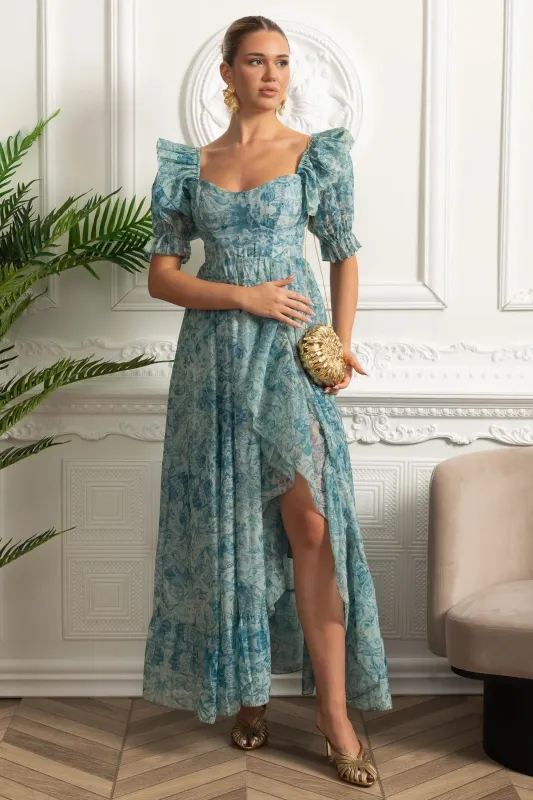 Printed Maxi Dress With Puff Sleeves And Front Slit - Blue made by Sierra darien