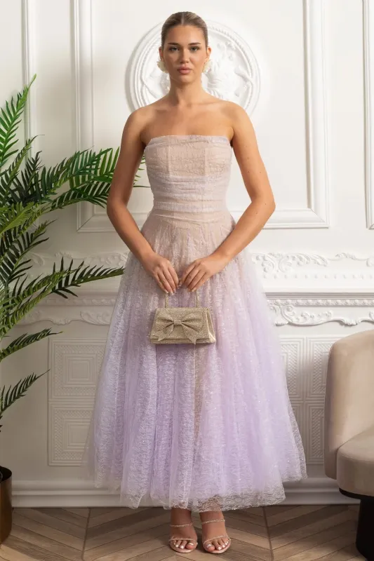 Strapless A-Line Midi Dress With Shimmery Textured Overlay - Lilac Gradient made by Sierra darien