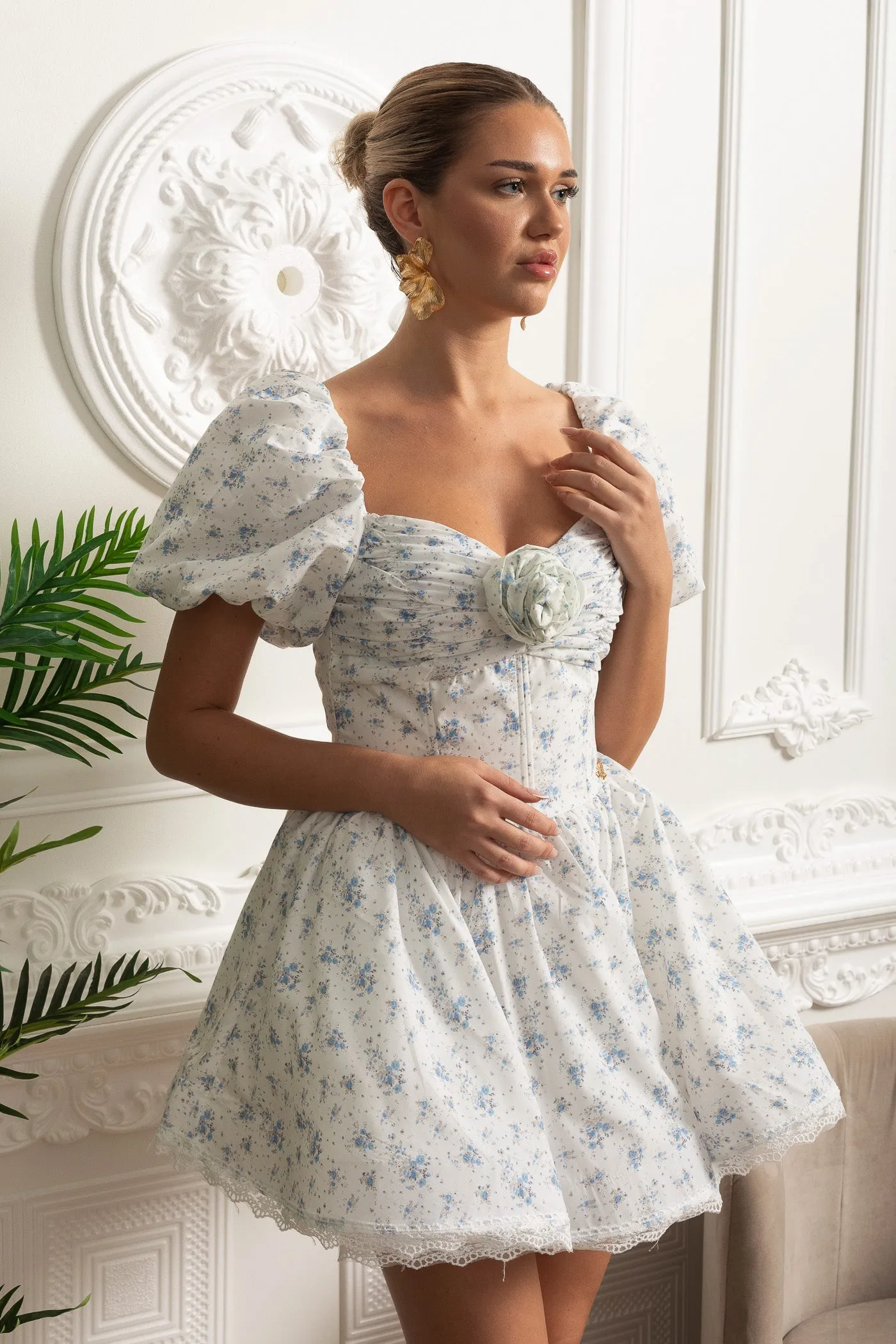 Floral Mini Dress With Puff Sleeves And 3D Rose Detail - White/Blue sold by Sierra darien