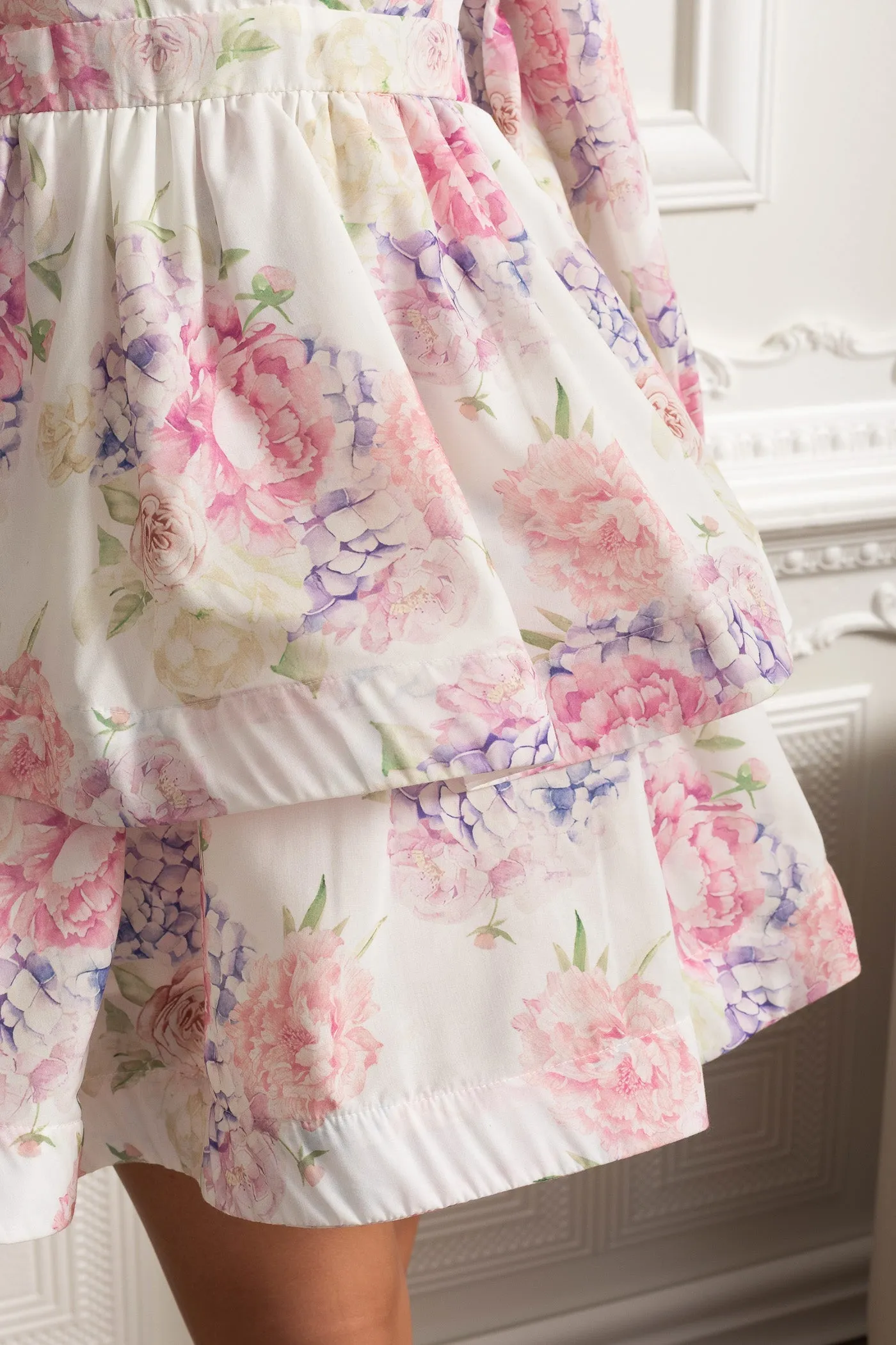 Floral Romantic Mini Dress With Voluminous Sleeves And Peplum Detail - White/Pink sold by Sierra darien product image thumbnail 5