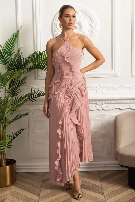 Pleated Halter Midi Dress With Cascading Ruffle Details - Pink made by Sierra darien
