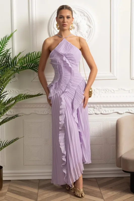 Pleated Halter Midi Dress With Cascading Ruffle Details - Lavender made by Sierra darien