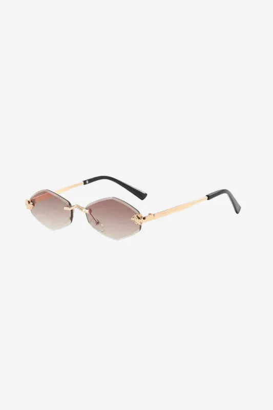 Rimless Hexagon Sunglasses with Gold Patterned Temples – Brown made by Sierra darien
