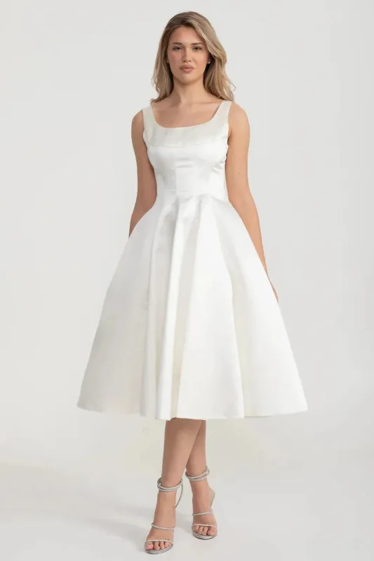 Elegant A-Line Sleeveless Dress With Tailored Bodice And Graceful Flared Skirt - White made by Sierra darien