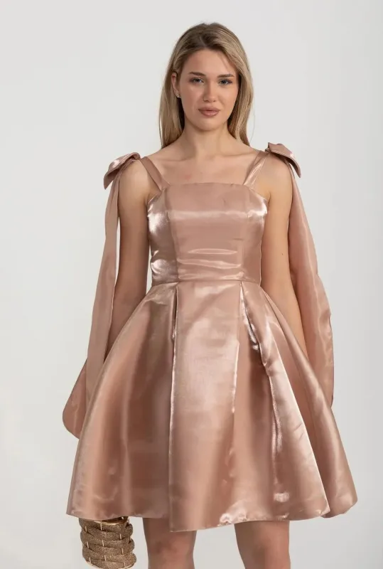 Elegant Satin Fitted Dress With Flared Skirt And Decorative Shoulder Bow Accents - Brown made by Sierra darien