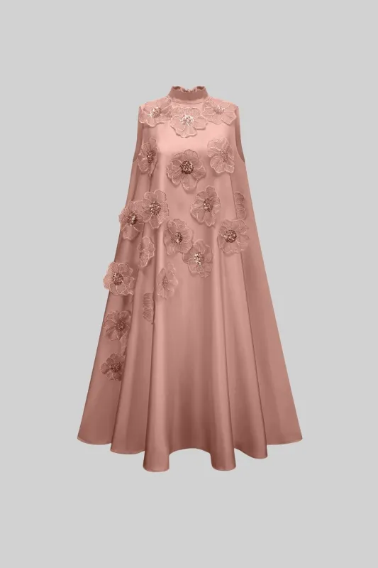 Sleeveless Floral A-Line Dress With High Collar And Textured Embellishments - Pink made by Sierra darien