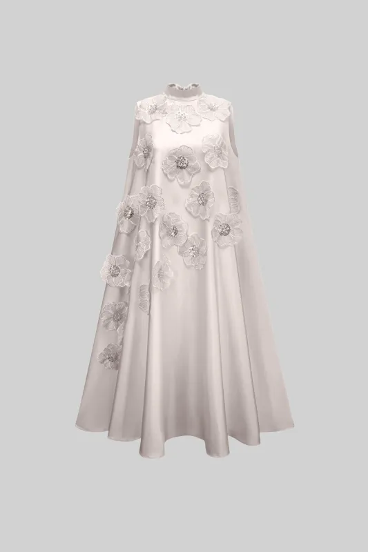 Sleeveless Floral A-Line Dress With High Collar And Textured Embellishments - White made by Sierra darien