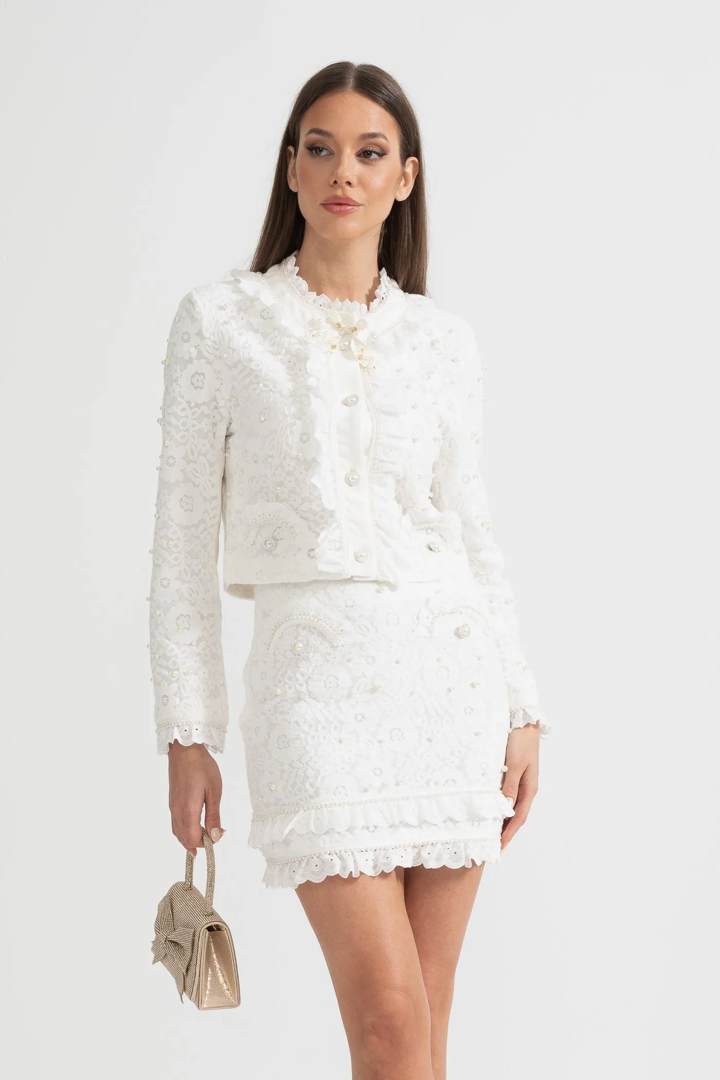 Elegant Two-Piece Ensemble With Exquisite Pearl Embellishments - White sold by Sierra darien