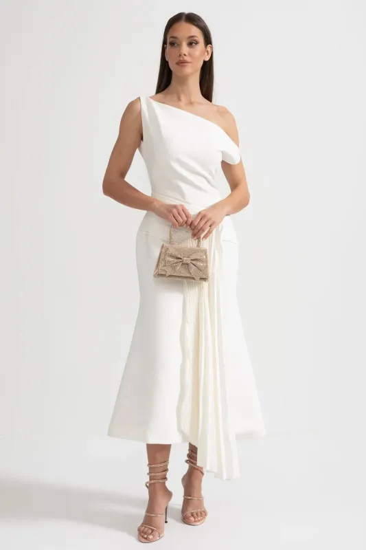 Off-Shoulder Midi Dress With Pleated Waist Detailing - White made by Sierra darien