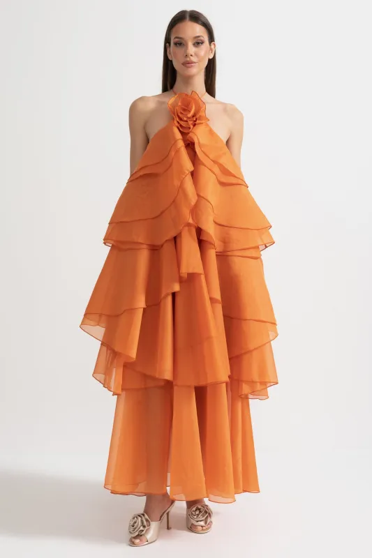 Layered Ruffle Halter Dress With Decorative Neckline Flower - Orange made by Sierra darien