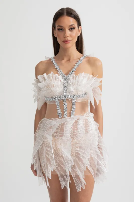 Ethereal Mini Dress With Sheer Wings Texture And Crystal Embellishments - White made by Sierra darien
