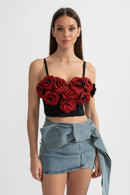 Corset Top with Red 3D Rose Appliqués - Black made by Sierra darien