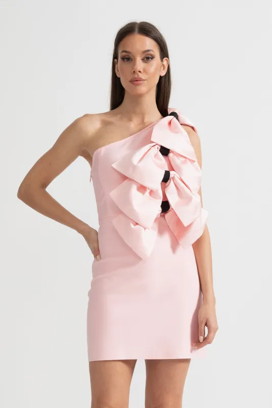 One-Shoulder Mini Dress with Oversized Bow Detailing - Pink made by Sierra darien