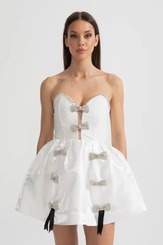 Strapless Mini Dress with Crystal Bow Embellishments - White made by Sierra darien