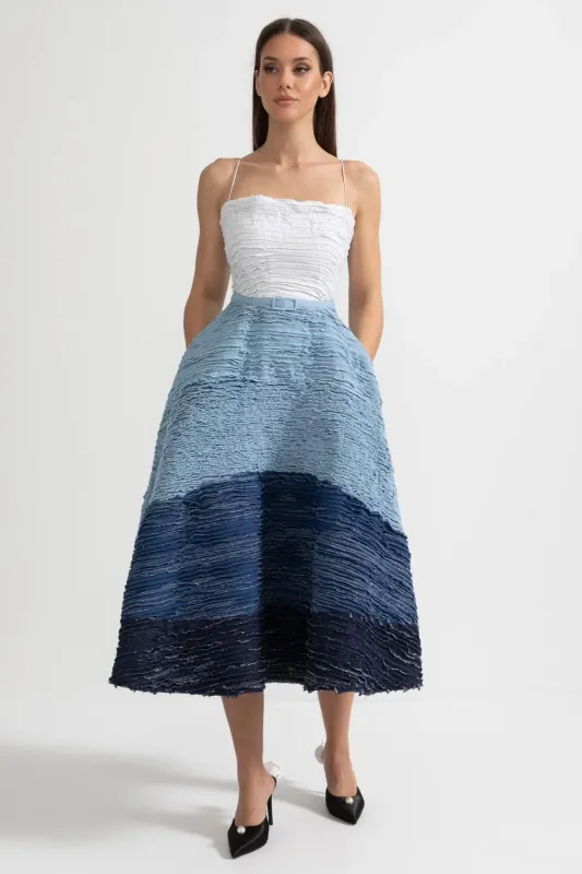 Ombre Midi Dress with Textured Layered Fabric - White/Blue made by Sierra darien