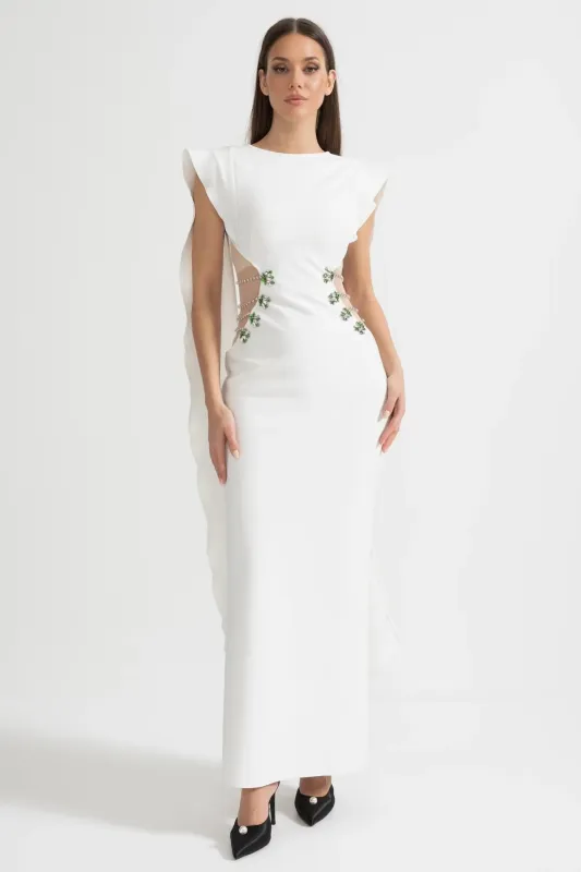 Embellished Cut-Out Maxi Dress with Statement Side Detailing - White made by Sierra darien