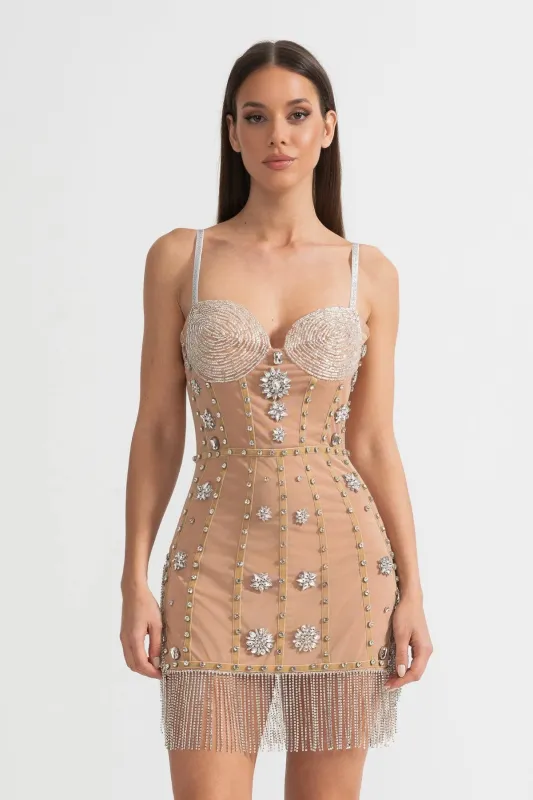 Mini Dress With Fitted Bodice, Silver Beading Accents And Sparkling Fringed Hem - Beige made by Sierra darien