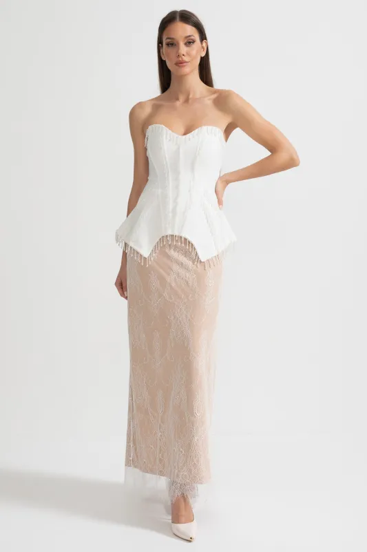 Elegant Corset Gown With Corset Top And Sheer Nude Maxi Skirt - White made by Sierra darien