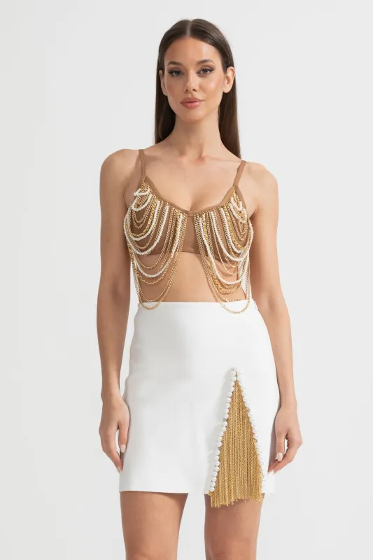 Pearls And Chains Embellished Set With Contrasting Top And Mini Skirt - Gold/White made by Sierra darien