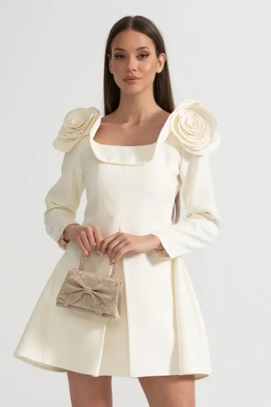 Elegant Mini Dress With Square Neckline, 3D Floral Appliques And Flared Skirt - Ivoire made by Sierra darien