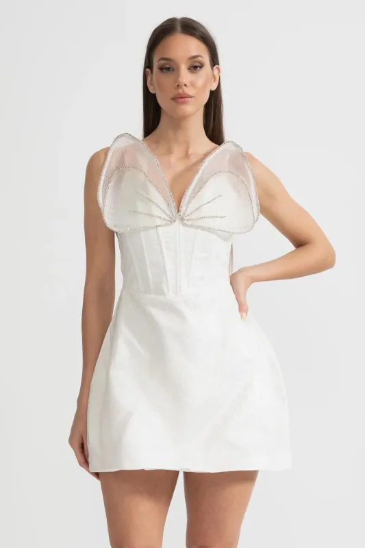 Fitted Mini Dress With Structured Bodice And Sheer Organza Accents - White made by Sierra darien