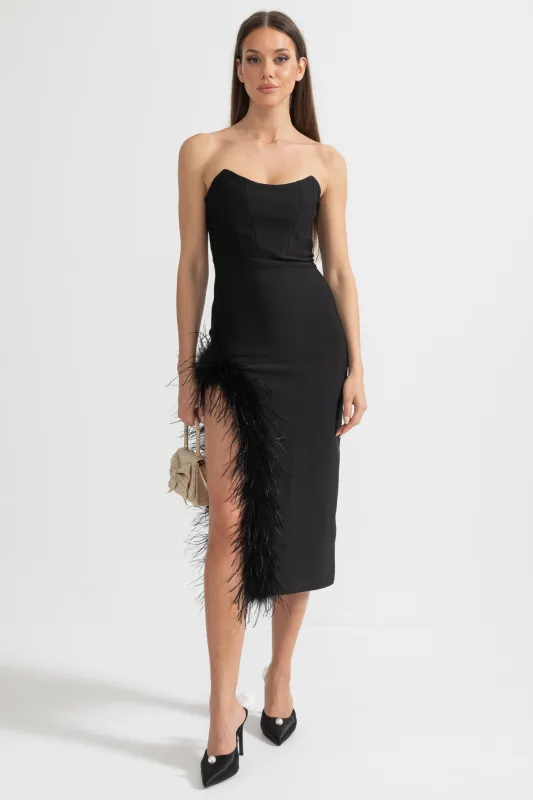 Strapless Feather-Trimmed Dress With Fitted Bodice And Asymmetrical Hemline - Black made by Sierra darien