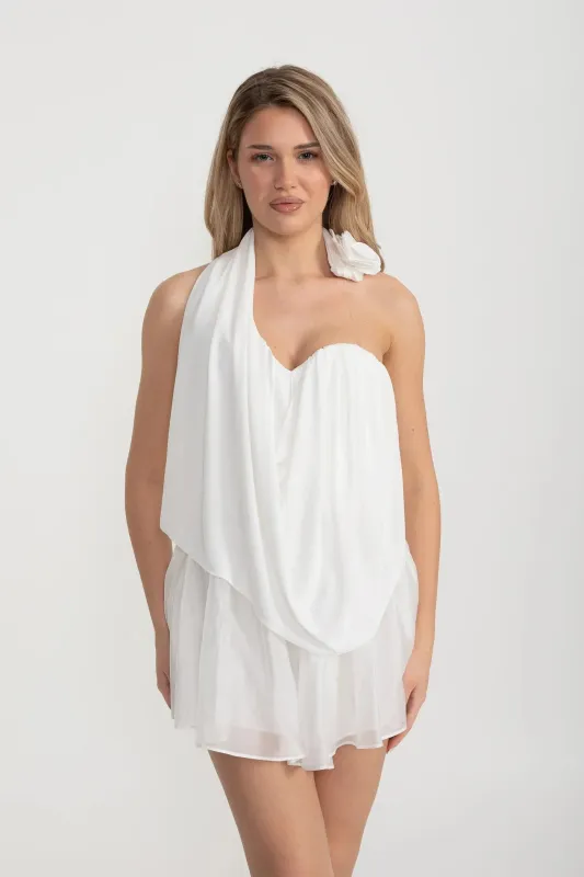 Draped Co-Ord With Flower-Embellished Top And Matching Sheer Skirt - White made by Sierra darien