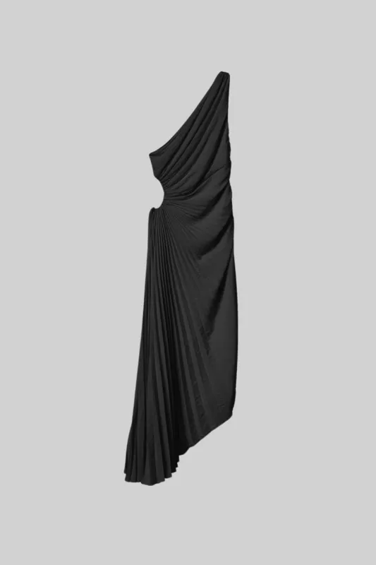 Elegant One Shoulder Dress With Ruched Texture And Circular Side Cut-Out - Black made by Sierra darien