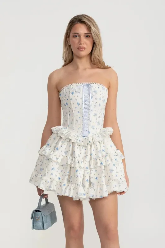 Corset Mini Dress With Ribbon Lacing Detail And Multi-Layered Ruffled Skirt - White/Blue made by Sierra darien