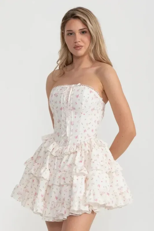 Corset Mini Dress With Ribbon Lacing Detail And Multi-Layered Ruffled Skirt - White/Pink made by Sierra darien