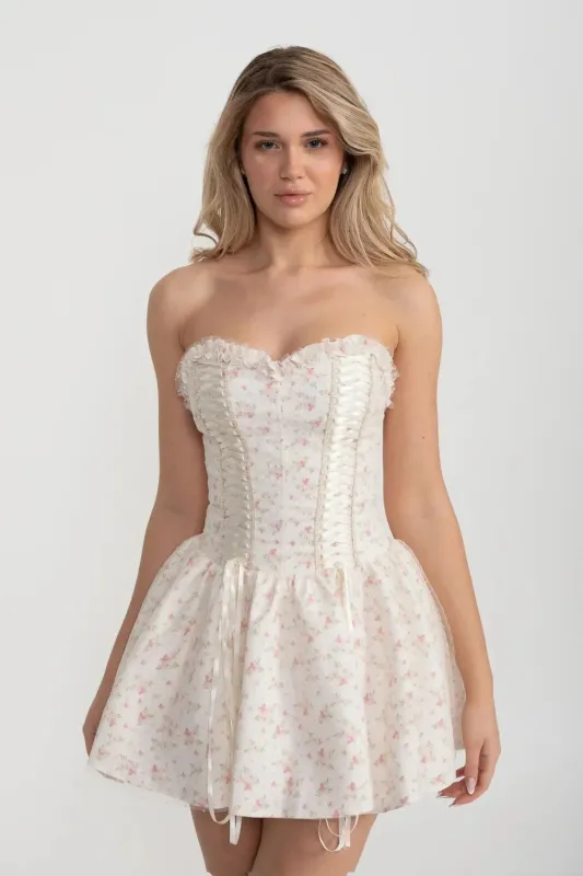 Corset Mini Dress With Sweetheart Neckline And Delicate Floral Pattern - White/Pink made by Sierra darien