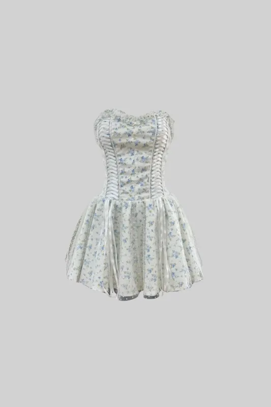 Corset Mini Dress With Sweetheart Neckline And Delicate Floral Pattern - White/Blue made by Sierra darien