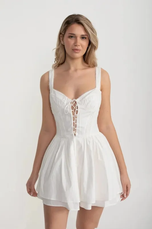 Corset Style Sleeveless Dress With Lace-Up Front Detailing - White made by Sierra darien