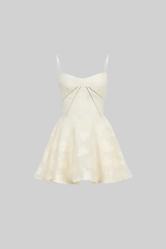 Mini Dress With Subtle Floral Pattern, Fitted Bodice And Flared Skirt - Ivoire made by Sierra darien