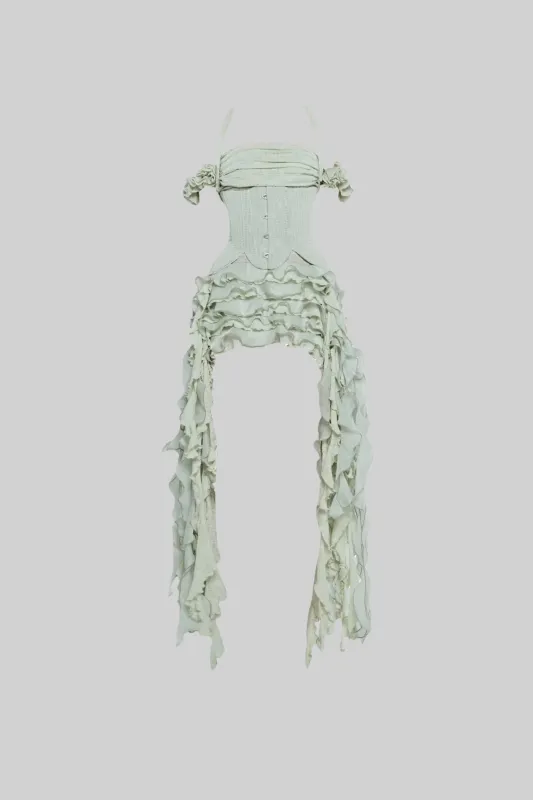 Vintage Inspired Corset Dress With Ruched Bustier And Flowing Ruffled Side Details - Green made by Sierra darien