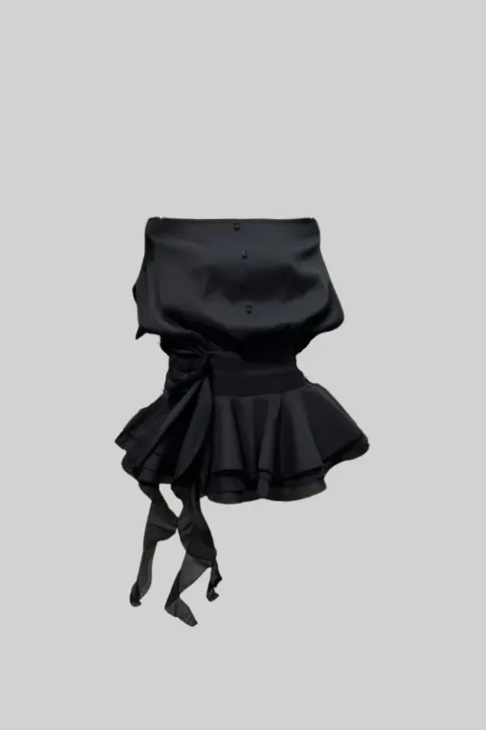 Elegant Mini Dress With Peplum Hem And Rosette Waist Embellishment - Black made by Sierra darien