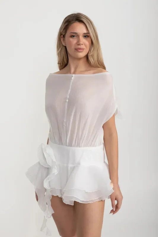 Elegant Mini Dress With Peplum Hem And Rosette Waist Embellishment - White made by Sierra darien