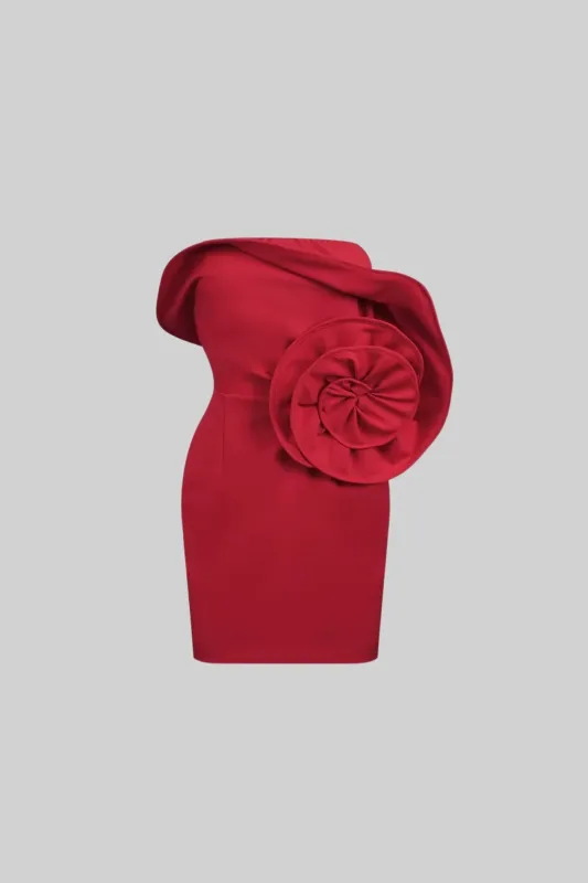 Asymmetrical Off-Shoulder Mini Dress With Oversized Rose Embellishment - Red made by Sierra darien