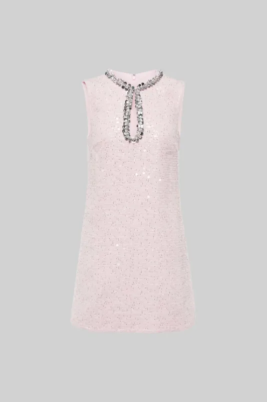 Textured Sleeveless Mini Dress With Sparkling Collar Details  - Pink made by Sierra darien
