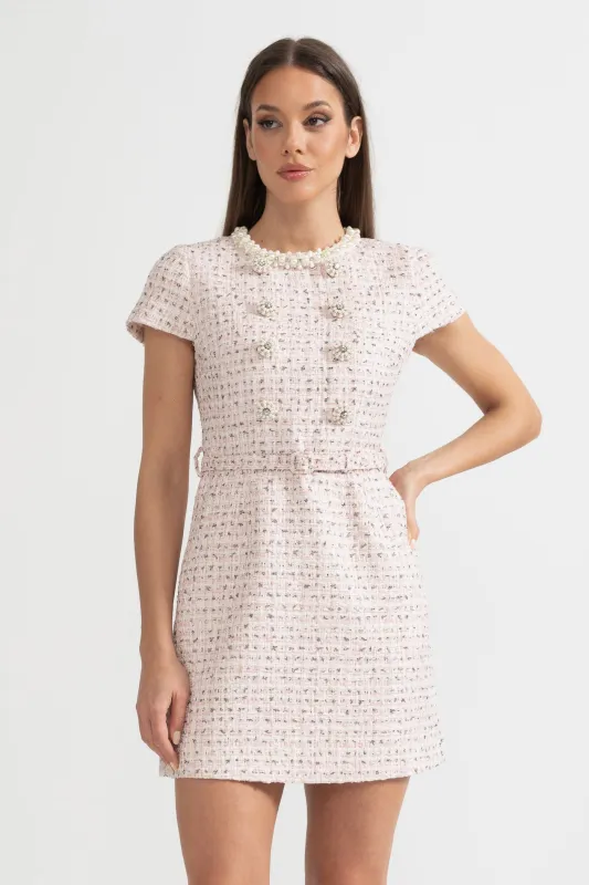 Elegant Textured Mini Dress With Short Sleeves And Matching Belt - Pink made by Sierra darien
