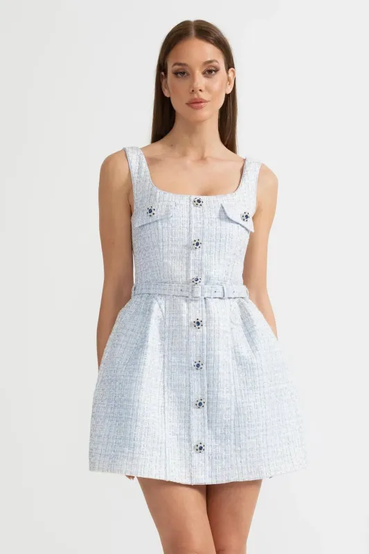 Textured Mini Dress With Fitted Bodice And Contrasting Buttons - Light Blue made by Sierra darien