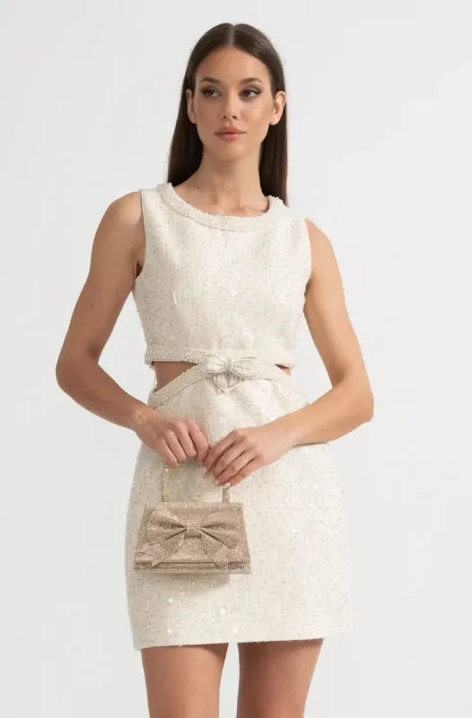 Sequin Sleeveless Mini Dress With Waist Cutouts And Bow - Ivoire made by Sierra darien