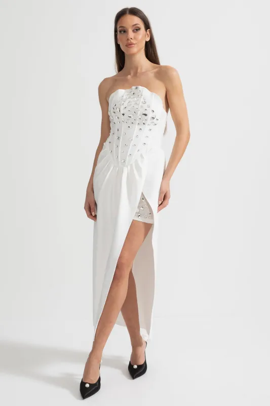 Elegant Satin Gown With Side Slit And Crystal Adornments - White made by Sierra darien