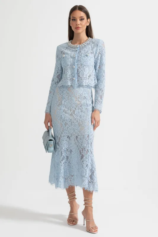 Lace Co-Ord With Sparkling Neckline Embellishments And Midi Skirt - Blue made by Sierra darien