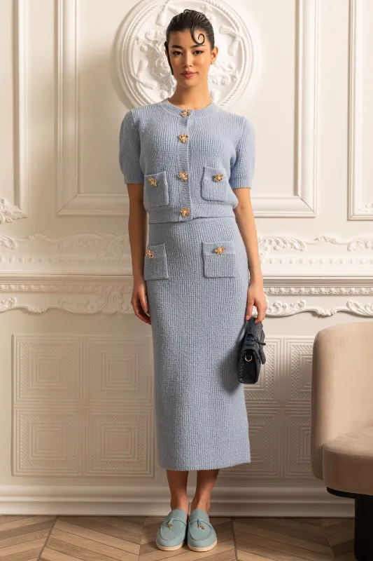 Elegant Knit Set With Front Pockets And Gold Buttons - Blue made by Sierra darien