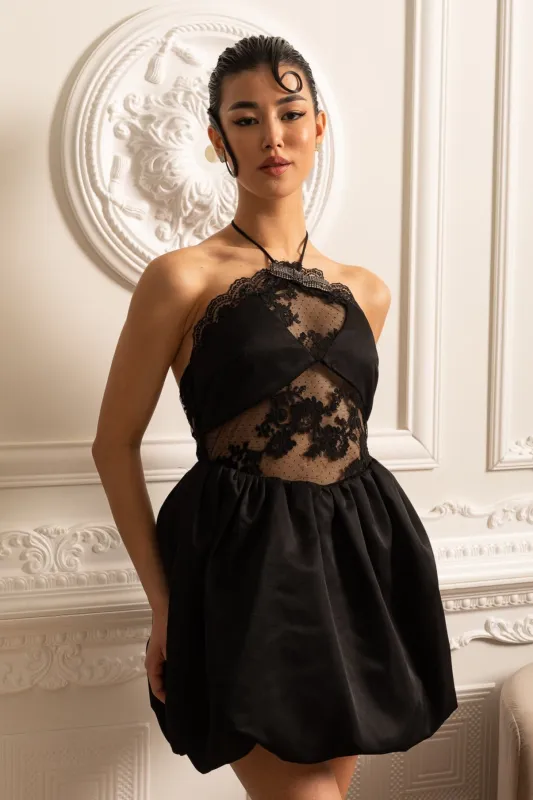 Mini Dress With Ruffled Skirt And Sheer Floral Lace Patterns - Black made by Sierra darien