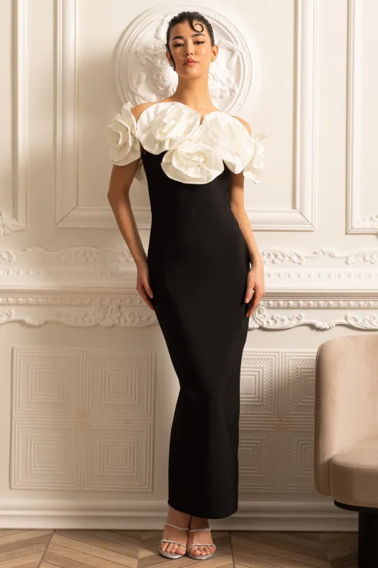 Fitted Gown With Large White Floral Embellishments - Black made by Sierra darien