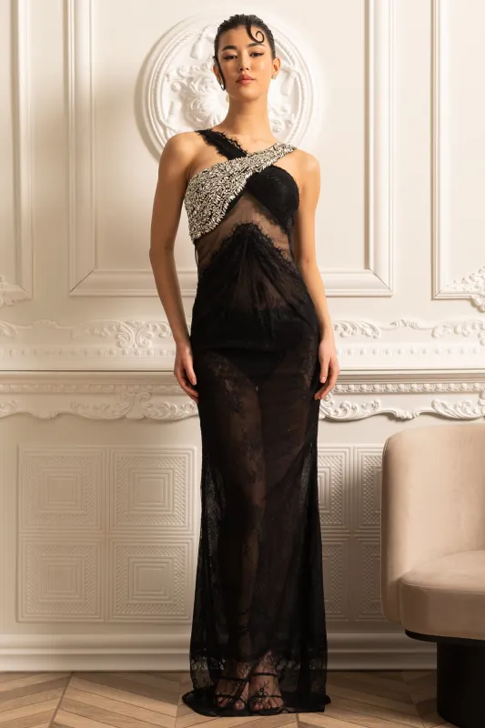 Elegant One-Shoulder Gown With Sheer Lace Cutout And Sparkling Embellishments - Black made by Sierra darien