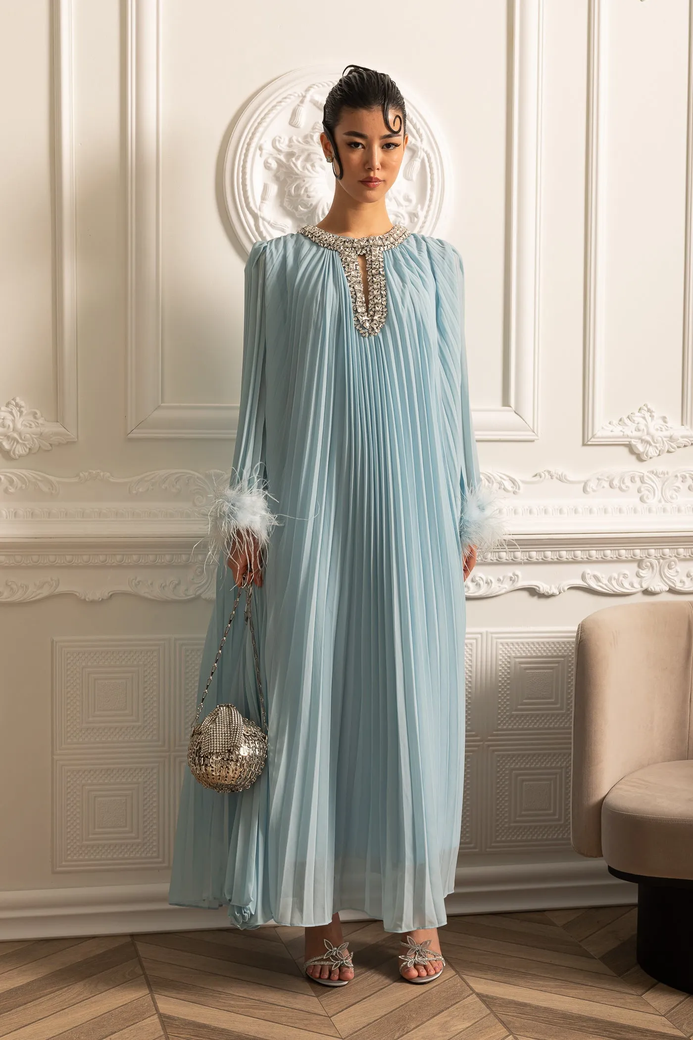 Pleated Long Dress With Feathered Cuffs And Sparkling Neckline - Blue sold by Sierra darien product image thumbnail 3